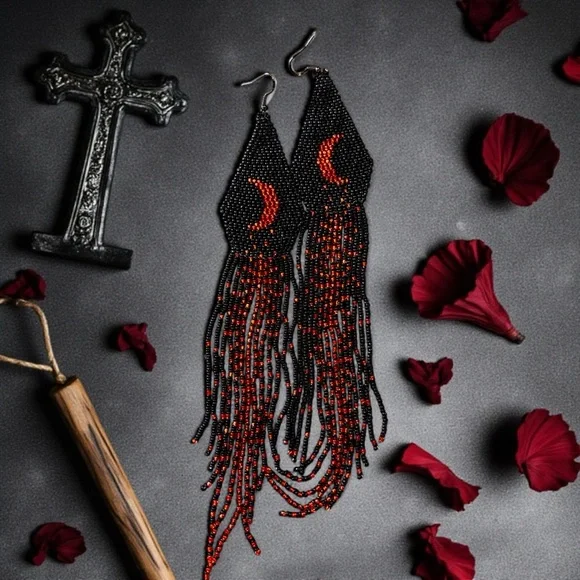 Hand Beaded Black/Red Extra Long Boho Crescent Moon Earrings - Picture 11 of 16